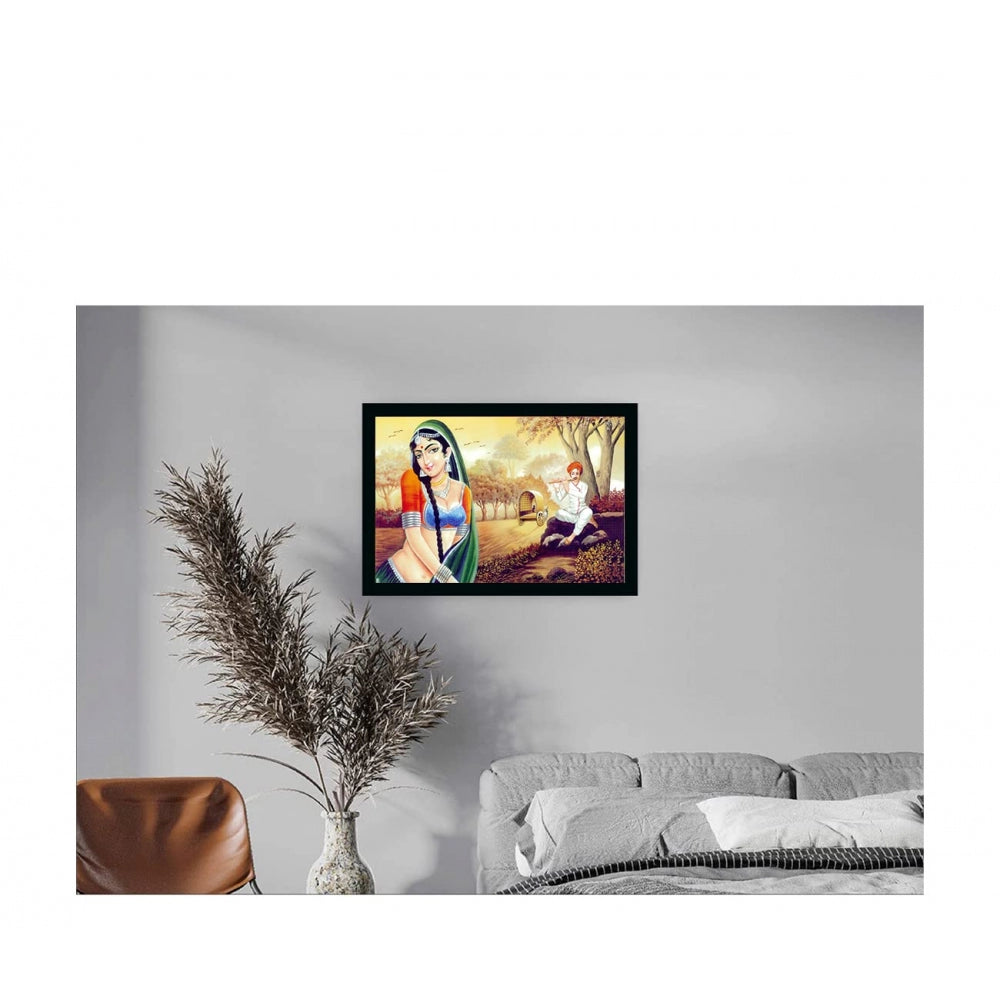 Generic Rajasthani Village Modern Art Painting with Synthetic Photo Frame (Multicolor)