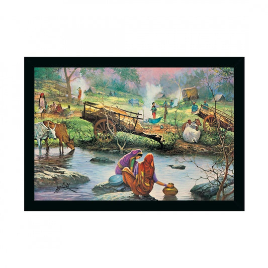 Generic Rajasthani Village Modern Art Painting with Synthetic Photo Frame (Multicolor)