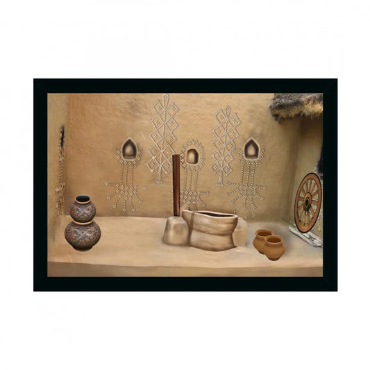 Generic Rajasthani Village Modern Art Painting with Synthetic Photo Frame (Multicolor)