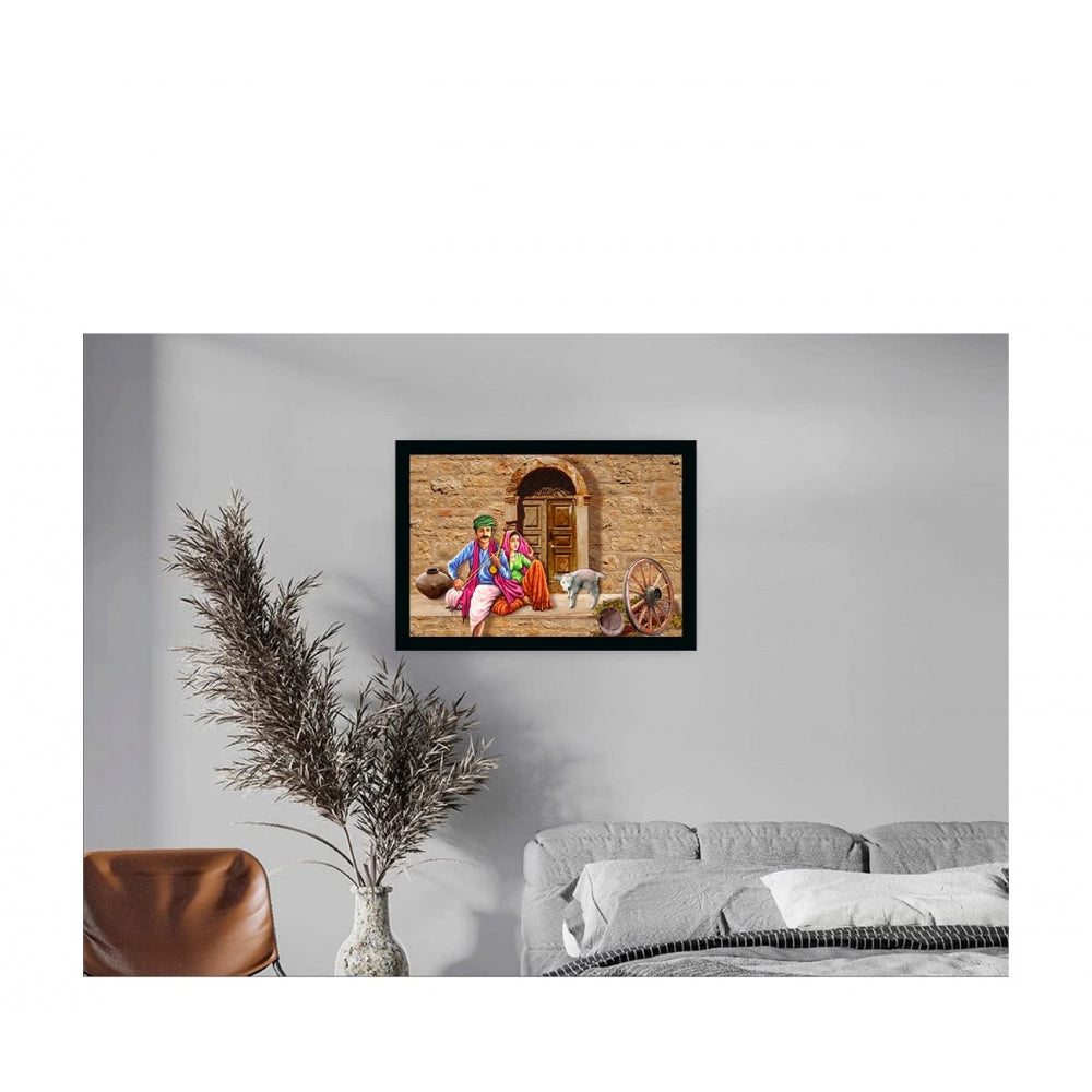 Generic Rajasthani Village Modern Art Painting with Synthetic Photo Frame (Multicolor)