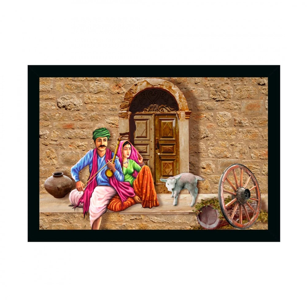 Generic Rajasthani Village Modern Art Painting with Synthetic Photo Frame (Multicolor)