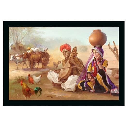 Generic Rajasthani Village Modern Art Painting with Synthetic Photo Frame (Multicolor)