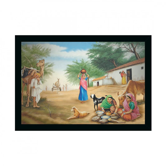 Generic Rajasthani Village Modern Art Painting with Synthetic Photo Frame (Multicolor)