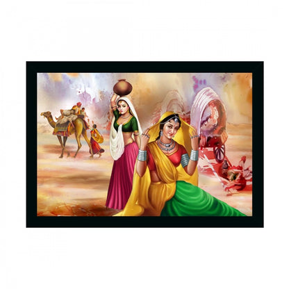 Generic Rajasthani Village Modern Art Painting with Synthetic Photo Frame (Multicolor)