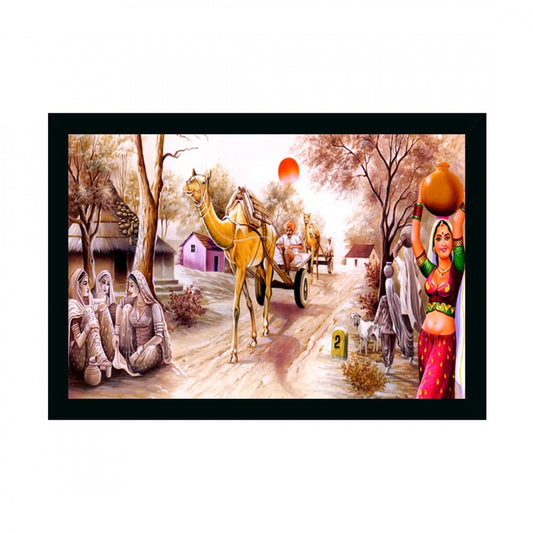 Generic Rajasthani Village Modern Art Painting with Synthetic Photo Frame (Multicolor)