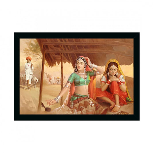 Generic Rajasthani Village Modern Art Painting with Synthetic Photo Frame (Multicolor)