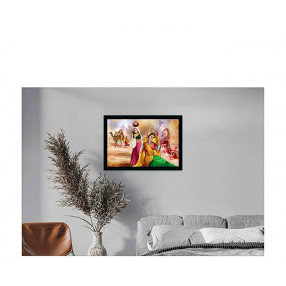 Generic Rajasthani Village Modern Art Painting with Synthetic Photo Frame (Multicolor)