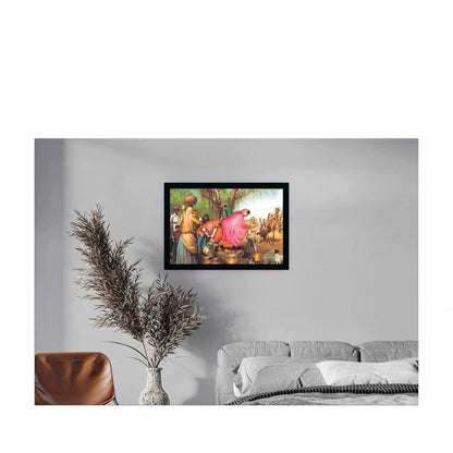 Generic Rajasthani Village Modern Art Painting with Synthetic Photo Frame (Multicolor)