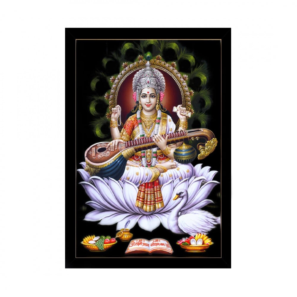 Generic Saraswati Maa Painting with Synthetic Photo Frame (Multicolor)