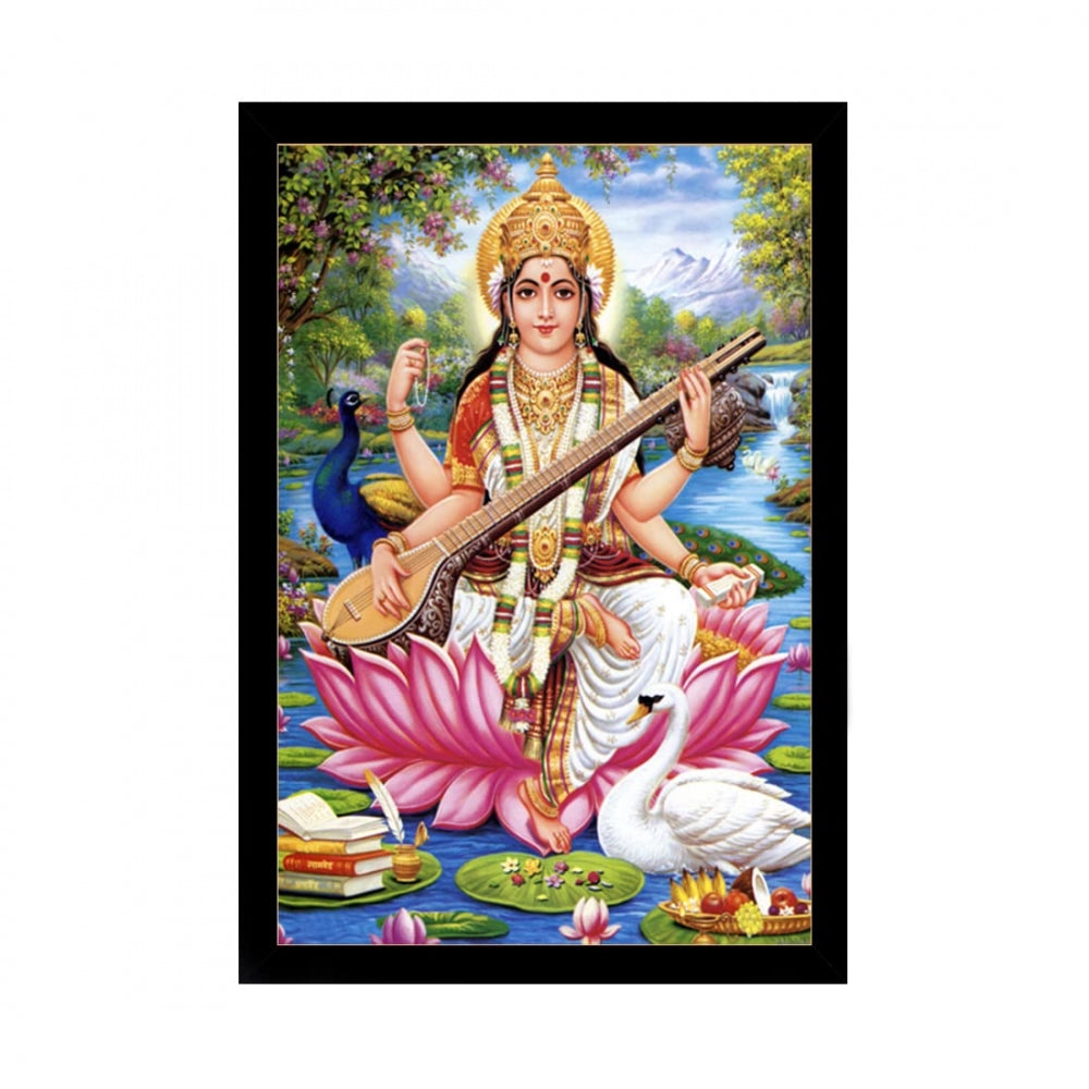 Generic Saraswati Maa Painting with Synthetic Photo Frame (Multicolor)