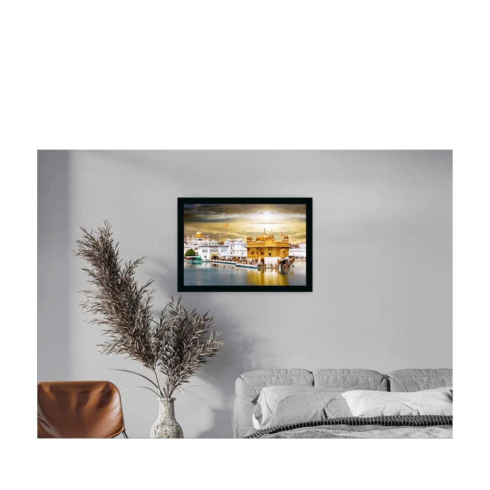 Generic Golden Temple Painting with Synthetic Photo Frame (Multicolor)