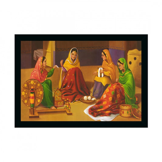 Generic Rajasthani Village Modern Art Painting with Synthetic Photo Frame (Multicolor)