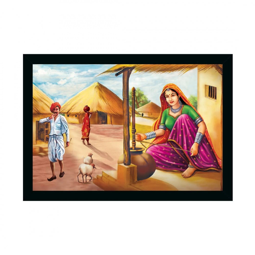 Generic Rajasthani Village Modern Art Painting with Synthetic Photo Frame (Multicolor)