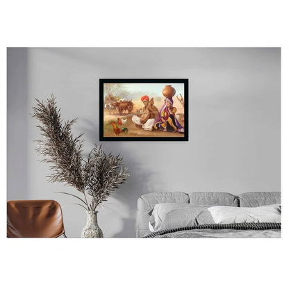 Generic Rajasthani Village Modern Art Painting with Synthetic Photo Frame (Multicolor)