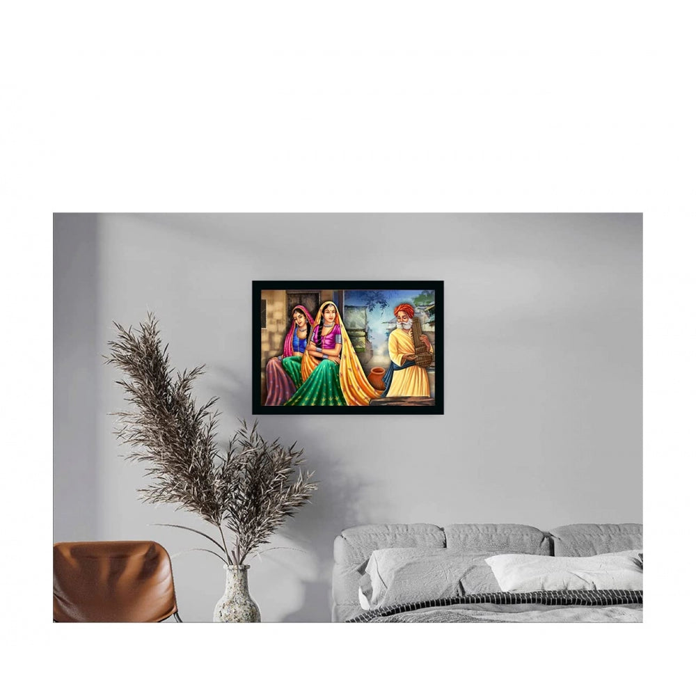 Generic Rajasthani Village Modern Art Painting with Synthetic Photo Frame (Multicolor)