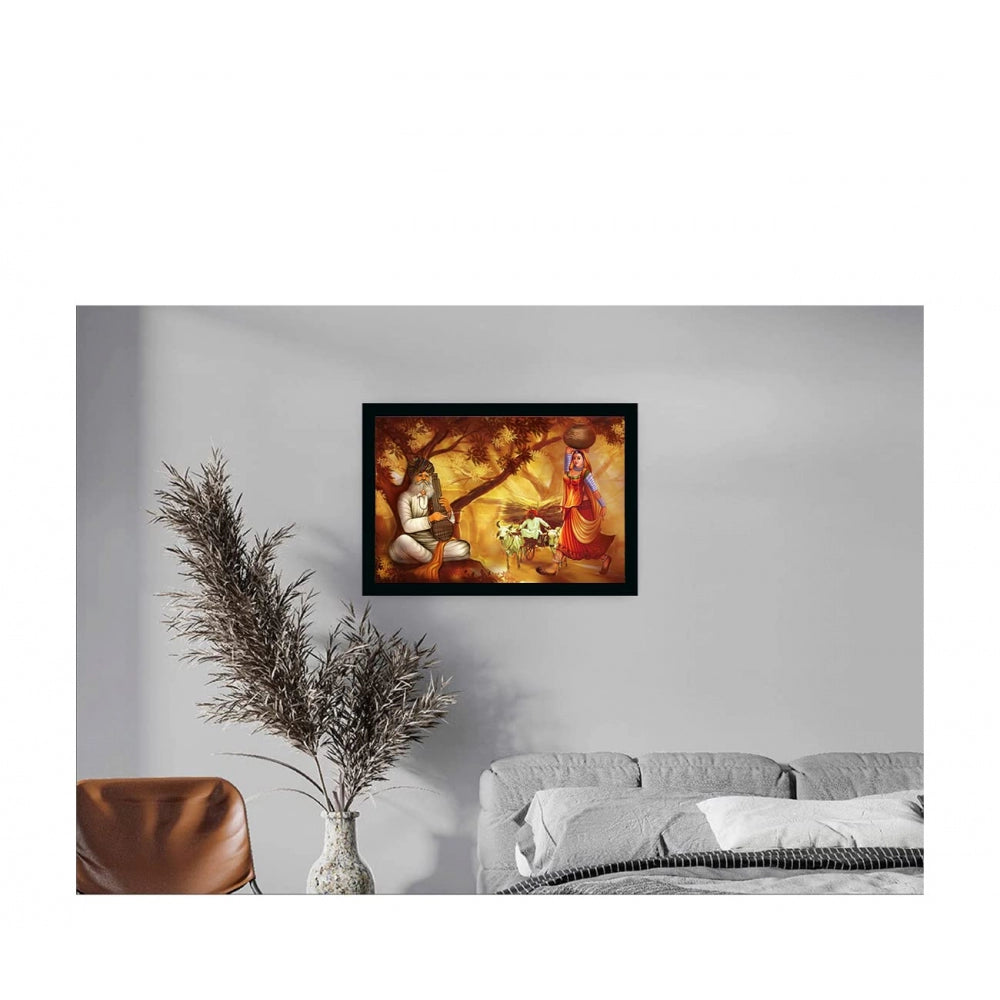 Generic Rajasthani Village Modern Art Painting with Synthetic Photo Frame (Multicolor)