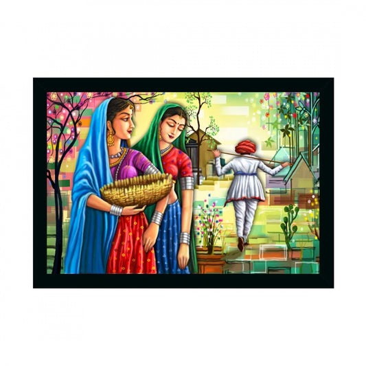 Generic Rajasthani Village Modern Art Painting with Synthetic Photo Frame (Multicolor)