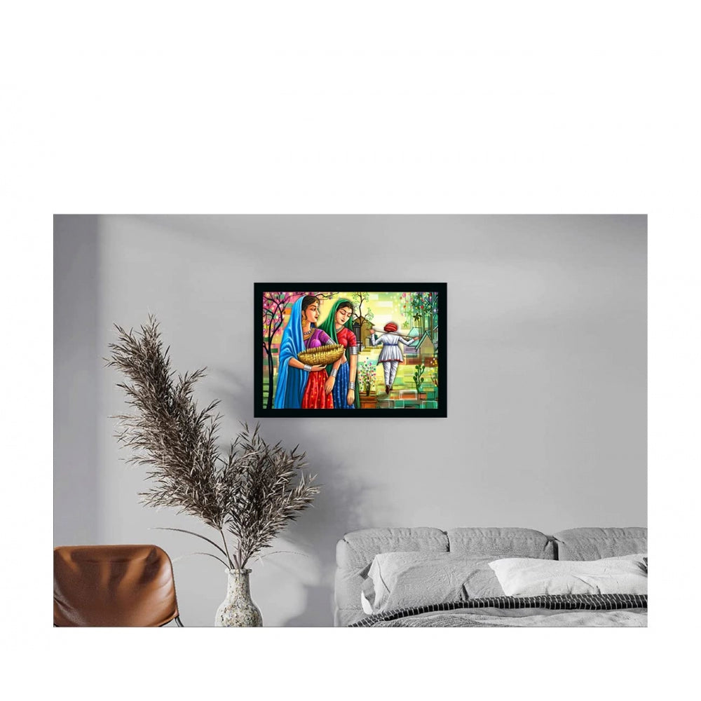 Generic Rajasthani Village Modern Art Painting with Synthetic Photo Frame (Multicolor)