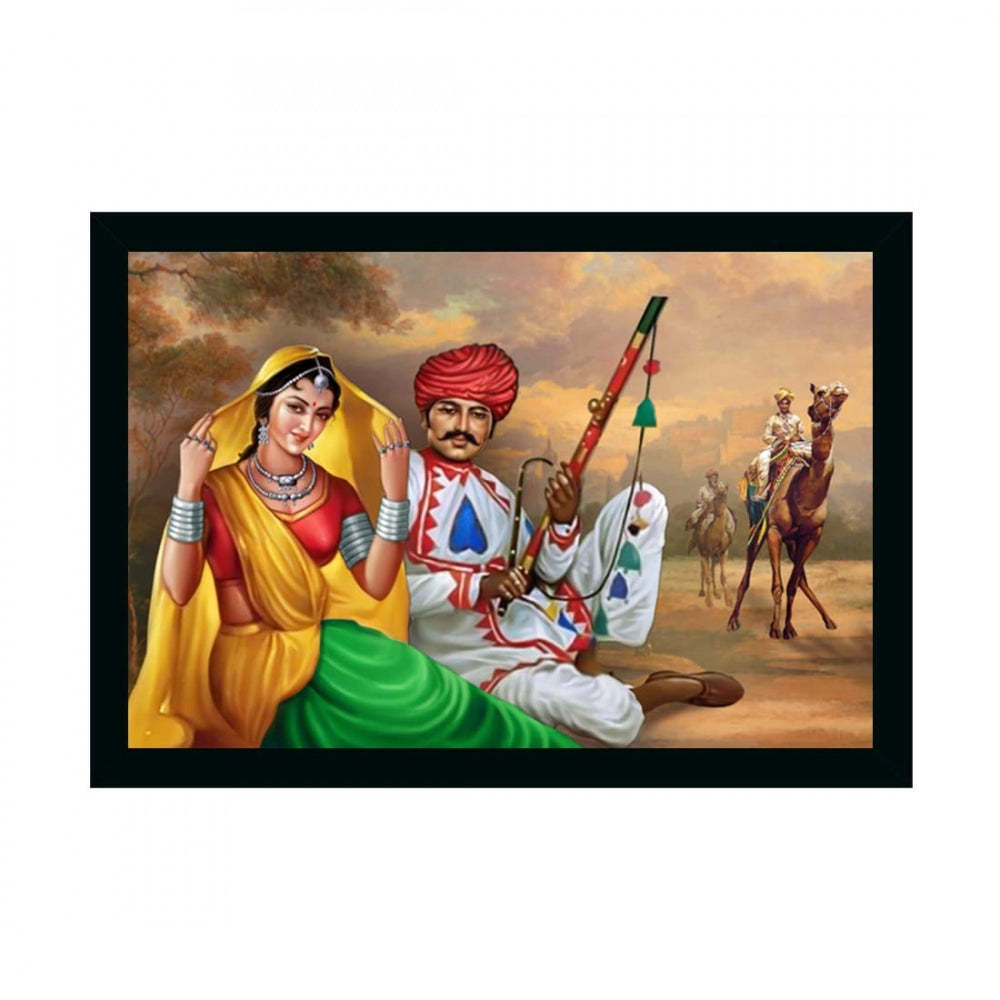 Generic Rajasthani Village Modern Ar Painting with Synthetic Photo Frame (Multicolor)