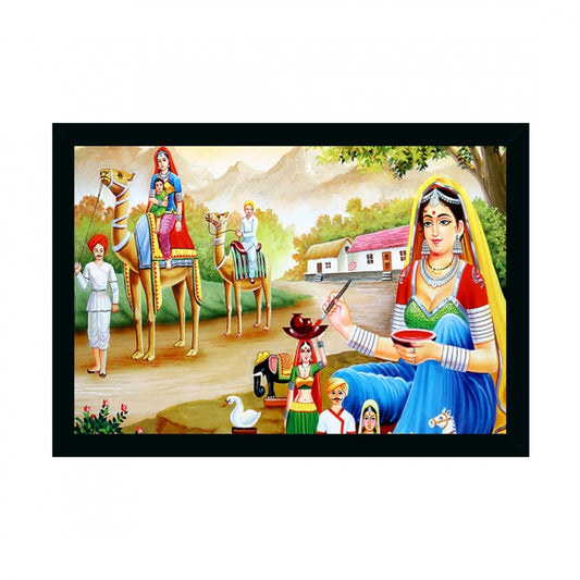 Generic Rajasthani Village Modern Art Painting with Synthetic Photo Frame (Multicolor)