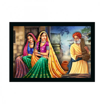 Generic Rajasthani Village Modern Art Painting with Synthetic Photo Frame (Multicolor)