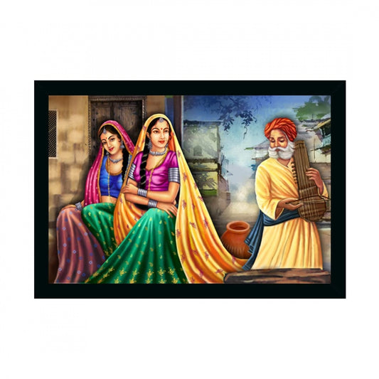 Generic Rajasthani Village Modern Art Painting with Synthetic Photo Frame (Multicolor)