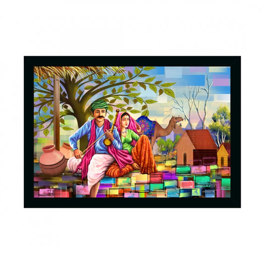 Generic Rajasthani Village Modern Art Painting with Synthetic Photo Frame (Multicolor)