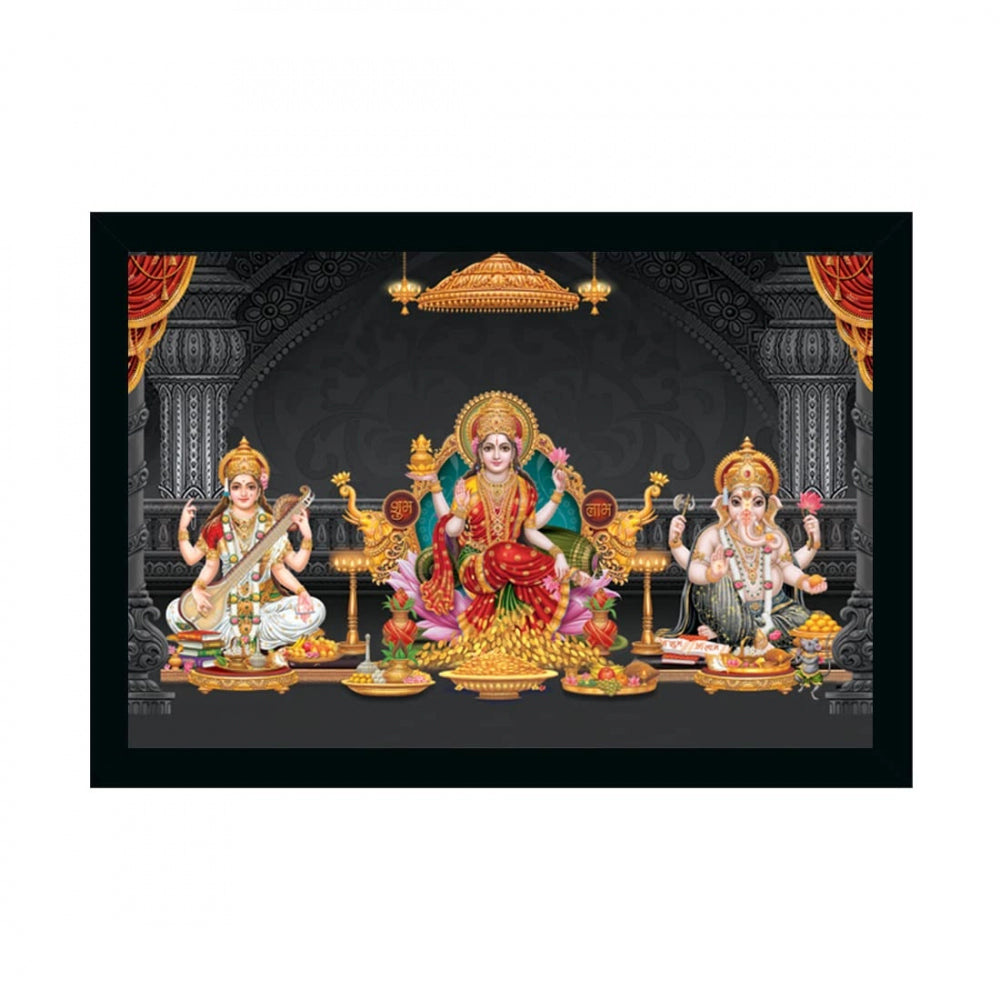 Generic Maa Laxmi Goddess Ganesh &amp; Maa Saraswati Painting with Synthetic Photo Frame (Multicolor)