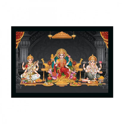 Generic Maa Laxmi Goddess Ganesh &amp; Maa Saraswati Painting with Synthetic Photo Frame (Multicolor)