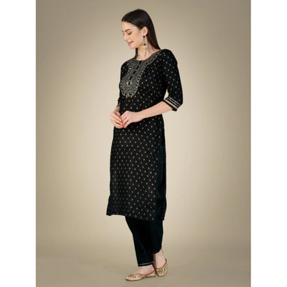 Roneclick Women's Casual 3-4 th Sleeve Embroidery Cotton Kurti Pant Dupatta Set (Black)