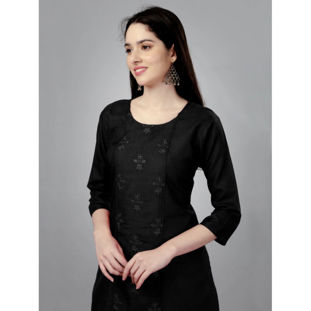 Roneclick Women's Casual 3-4 th Sleeve Embroidery Cotton Kurti (Black)