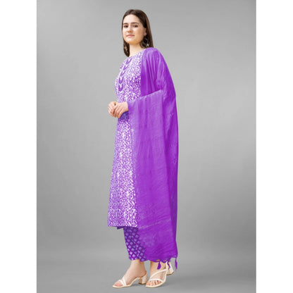 Roneclick Women's Casual 3-4 th Sleeve Embroidery Rayon Kurti Pant Dupatta Set (Purple)