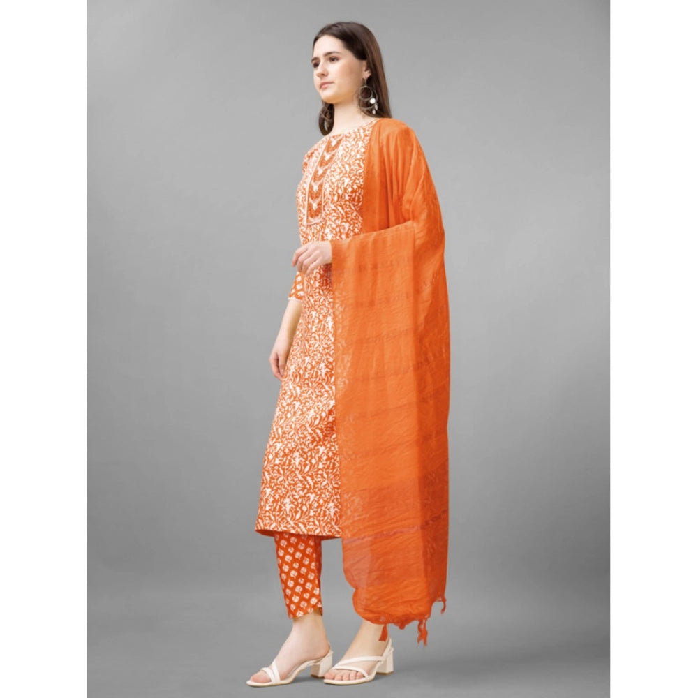 Roneclick Women's Casual 3-4 th Sleeve Embroidery Rayon Kurti Pant Dupatta Set (Orange)