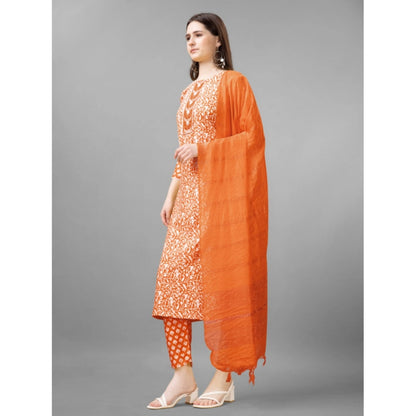 Roneclick Women's Casual 3-4 th Sleeve Embroidery Rayon Kurti Pant Dupatta Set (Orange)