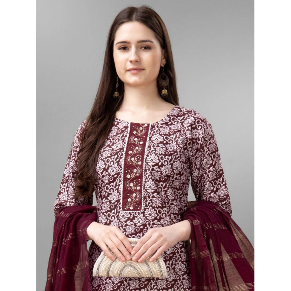 Roneclick Women's Casual 3-4 th Sleeve Embroidery Rayon Kurti Pant Dupatta Set (Maroon)