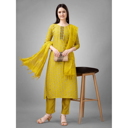 Roneclick Women's Casual 3-4 th Sleeve Embroidery Rayon Kurti Pant Dupatta Set (Yellow)