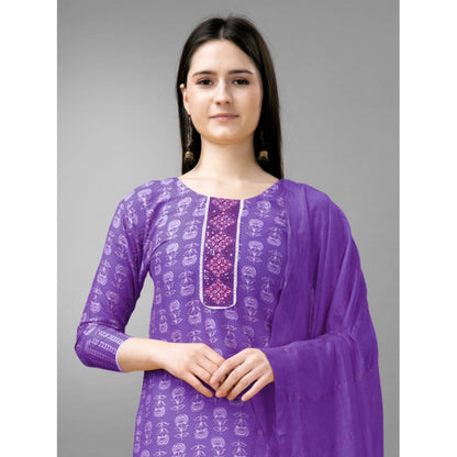 Roneclick Women's Casual 3-4 th Sleeve Embroidery Rayon Kurti Pant Dupatta Set (Purple)