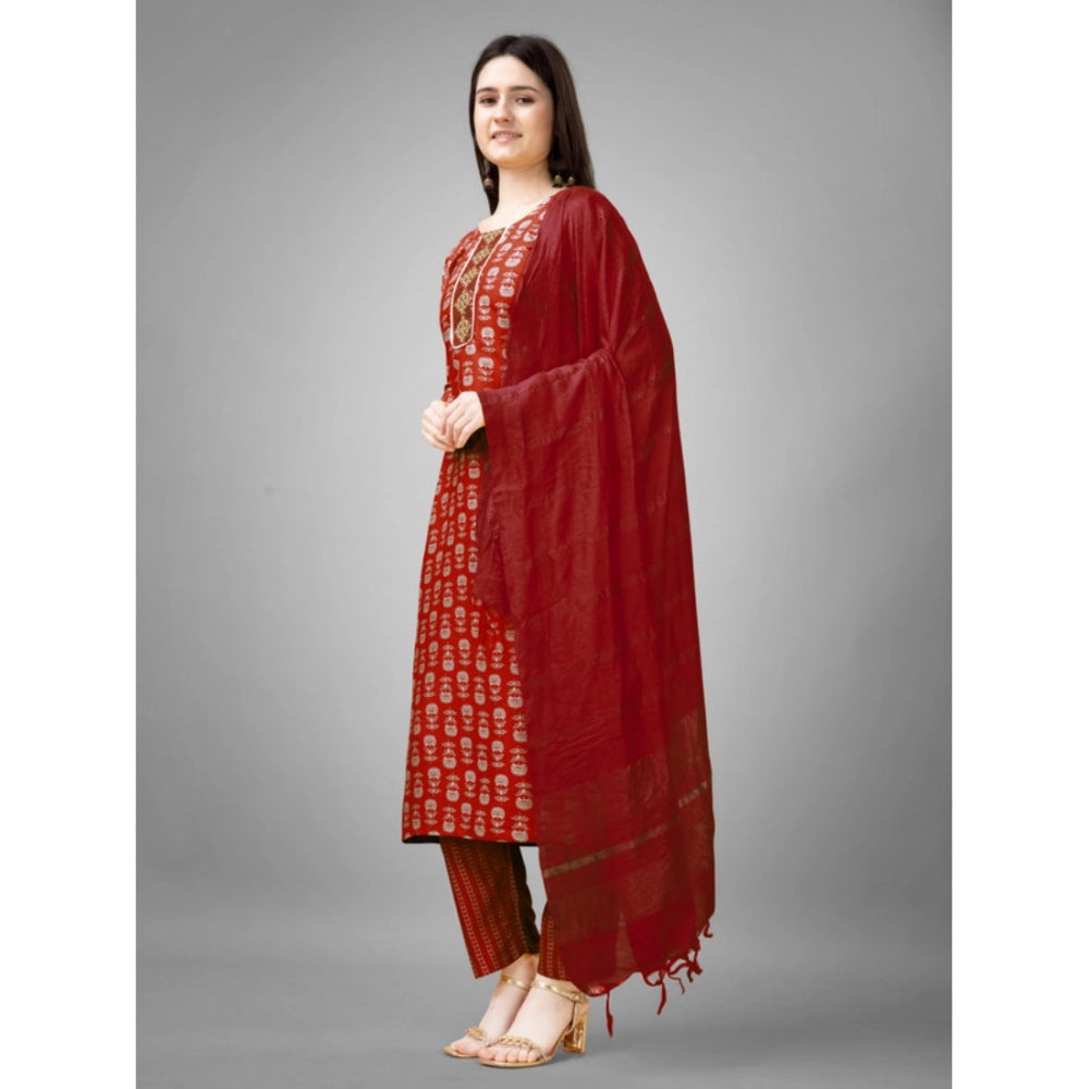 Roneclick Women's Casual 3-4 th Sleeve Embroidery Rayon Kurti Pant Dupatta Set (Maroon)