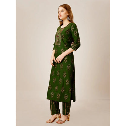 Roneclick Women's Casual 3-4 th Sleeve Embroidery Rayon Kurti Pant Set (Green)