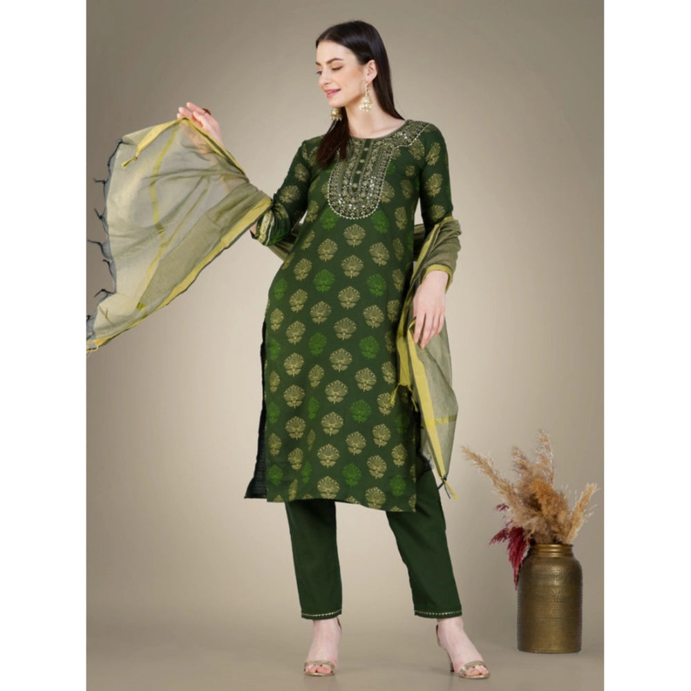 Roneclick Women's Casual 3-4 th Sleeve Embroidery Cotton Kurti Pant Dupatta Set (Dark Green)