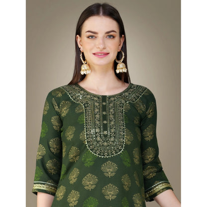 Roneclick Women's Casual 3-4 th Sleeve Embroidery Cotton Kurti Pant Dupatta Set (Dark Green)