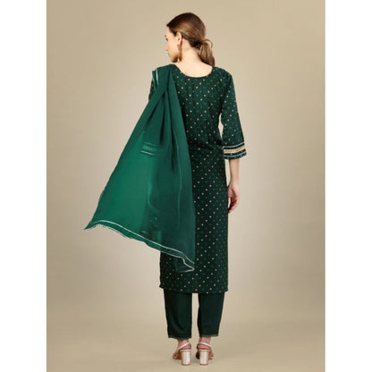 Roneclick Women's Casual 3-4 th Sleeve Embroidery Silk Blend Kurti Pant Dupatta Set (Dark Green)