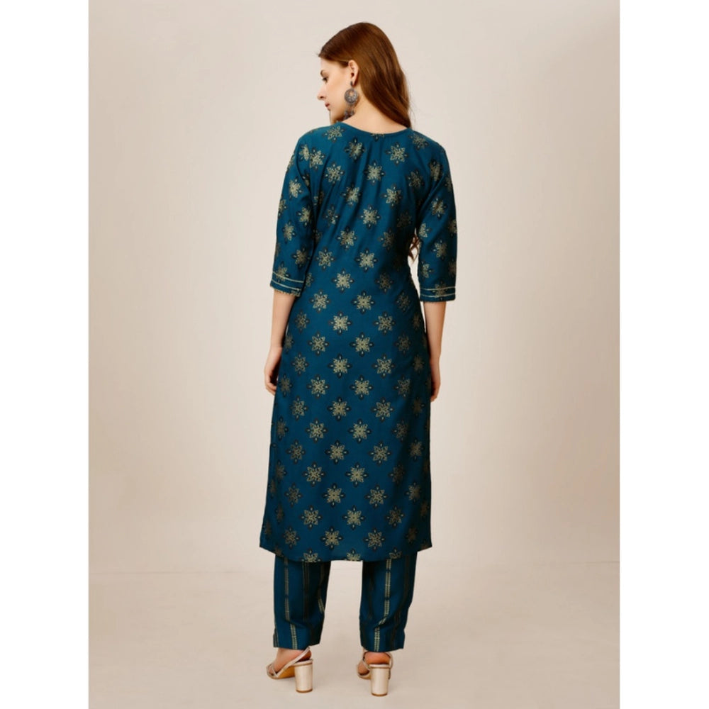 Roneclick Women's Casual 3-4 th Sleeve Embroidery Rayon Kurti Pant Set (Blue)