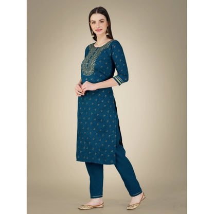 Roneclick Women's Casual 3-4 th Sleeve Embroidery Cotton Kurti Pant Dupatta Set (Blue )