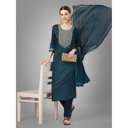 Roneclick Women's Casual 3-4 th Sleeve Embroidery Silk Blend Kurti Pant Dupatta Set (Blue)