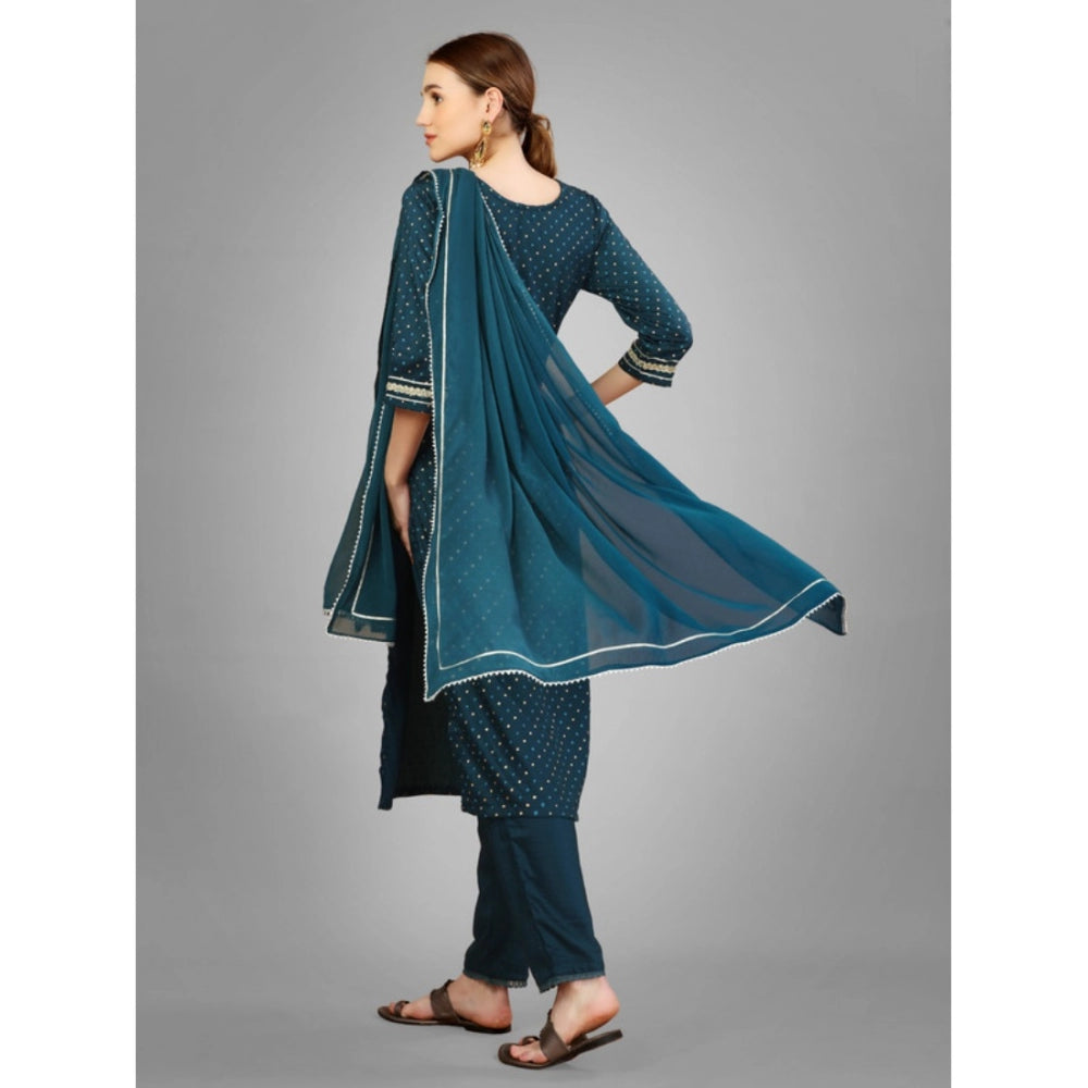 Roneclick Women's Casual 3-4 th Sleeve Embroidery Silk Blend Kurti Pant Dupatta Set (Blue)