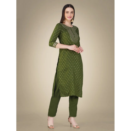 Roneclick Women's Casual 3-4 th Sleeve Embroidery Cotton Kurti Pant Dupatta Set (Green)