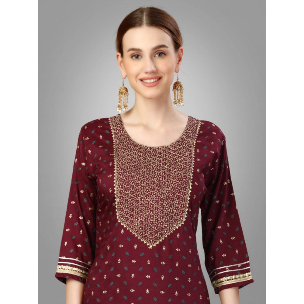 Roneclick Women's Casual 3-4 th Sleeve Embroidery Silk Blend Kurti Pant Dupatta Set (Maroon)