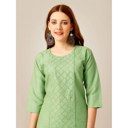 Roneclick Women's Casual 3-4 th Sleeve Embroidery Cotton Kurti Pant Set (Pista Green)