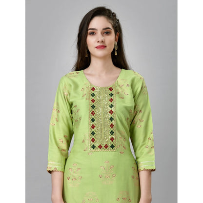 Roneclick Women's Casual 3-4 th Sleeve Embroidery Rayon Kurti Pant Set (Light Green)